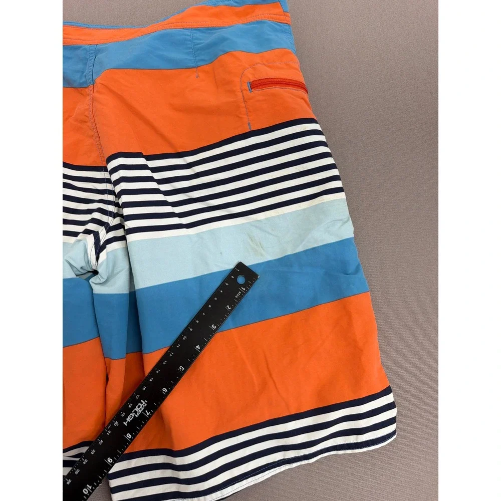 Patagonia Mens 32 Board Shorts Orange Blue Striped Swim Trunks 9 Inseam Nylon